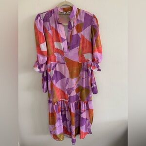 LaRoque Davis Midi Dress in Pink Art Deco A Line Belted